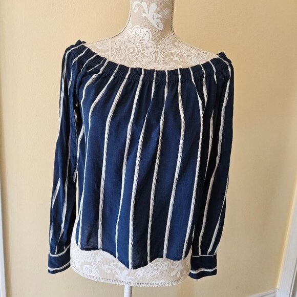Women`s FAITHFULL THE BRAND striped navy and white off the shoulder Blouse - Picture 3 of 9